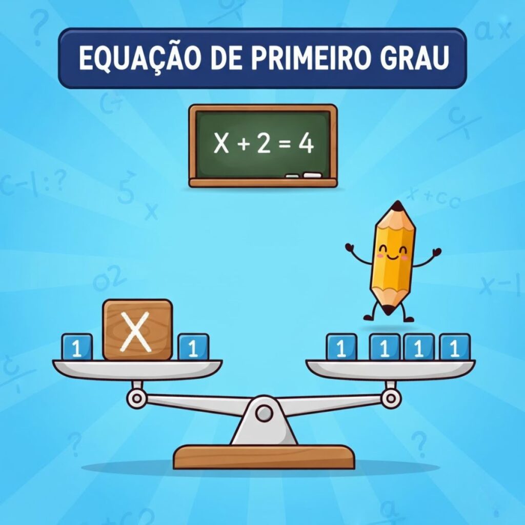 Desenho de uma balança de pratos em equilíbrio, ilustrando a lógica de uma equação de primeiro grau, onde o 'x' está de um lado