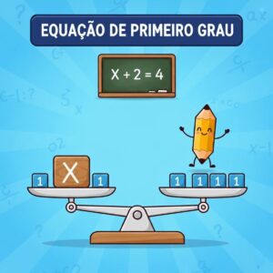 Desenho de uma balança de pratos em equilíbrio, ilustrando a lógica de uma equação de primeiro grau, onde o 'x' está de um lado