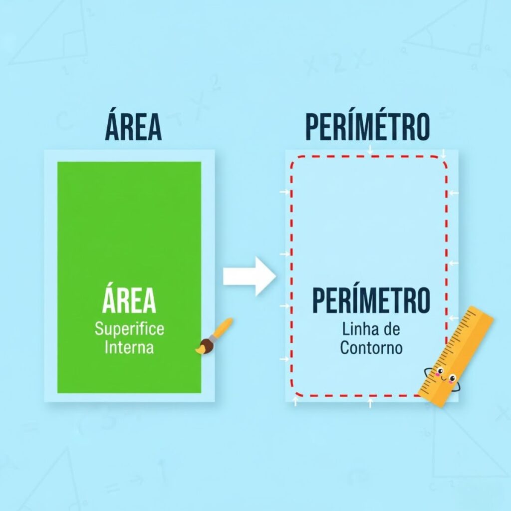 Diagrama comparativo mostrando a diferença entre área (a superfície interna colorida) e perímetro (a linha de contorno) de um retângulo.