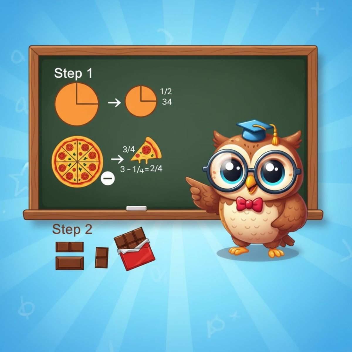 Um diagrama visual explicando como adicionar e subtrair frações, mostrando a soma de 12 e 14 resultando em 34.