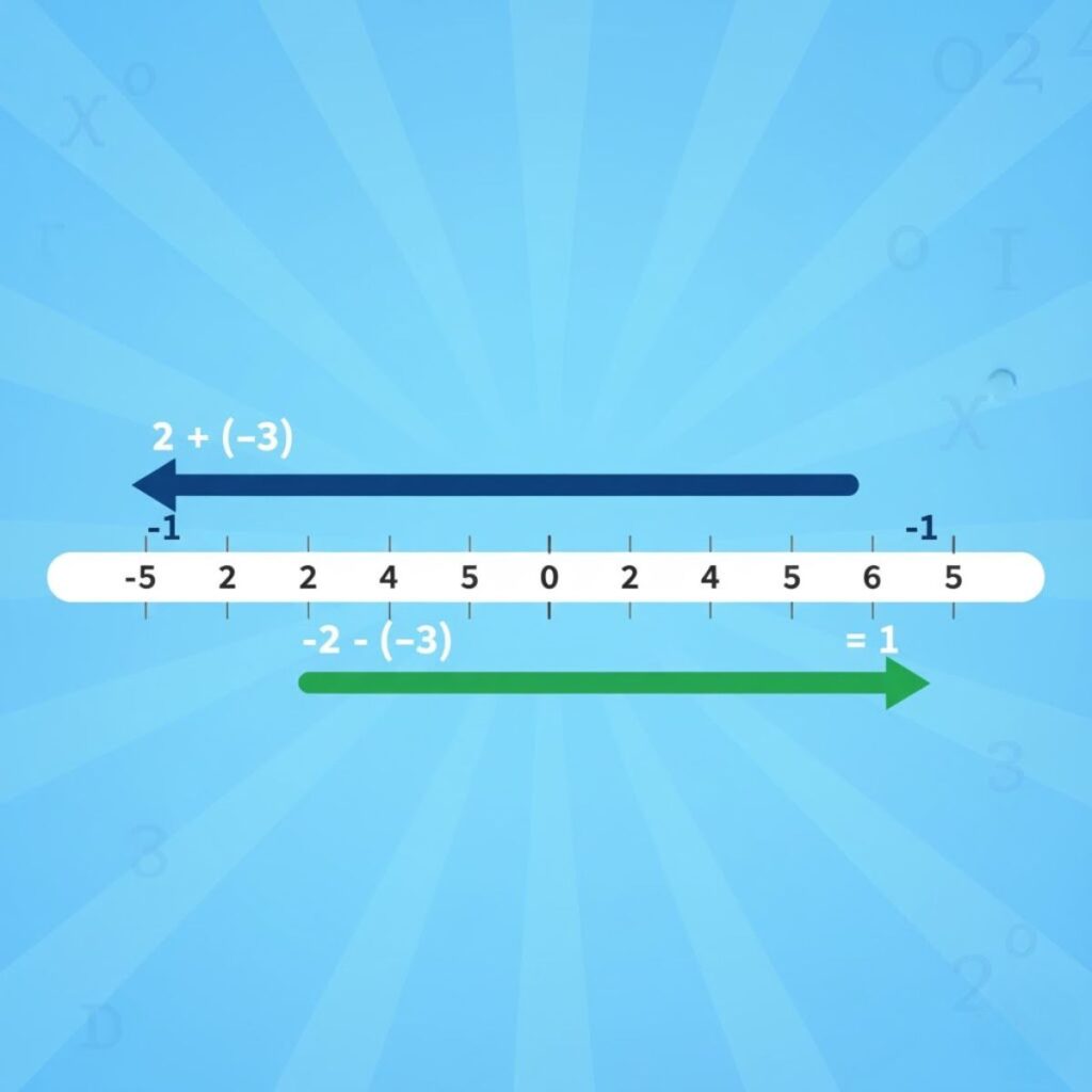 Uma reta numérica ilustrando as regras de sinais, mostrando como somar um número negativo move para a esquerda e subtrair um negativo move para a direita.